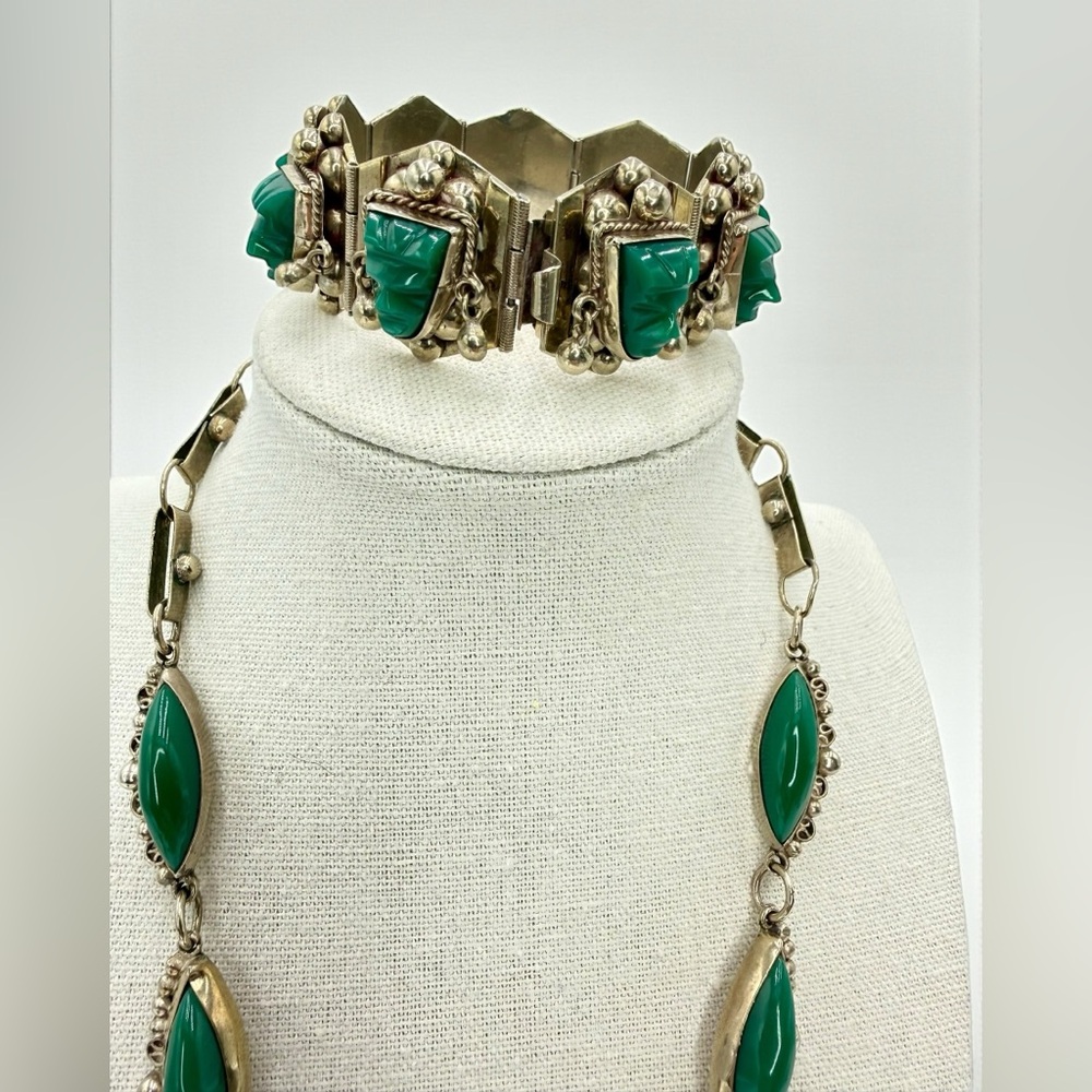 Vintage Mexico Sterling Green Onyx Aztec Mask Necklace Bracelet Set 17” & 7” - Picture 15 of 17